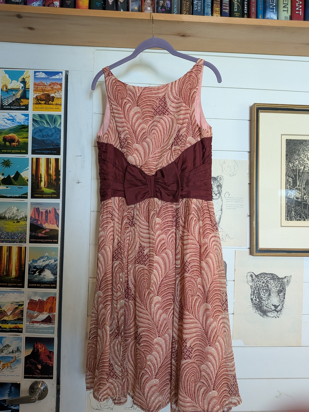 Nanette Lepore Pink Patterned Midi Dress with Burgundy Waist Bow